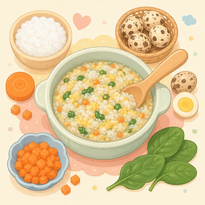 Bubur Telur Puyuh Wortel Bayam (9–11 Bulan)