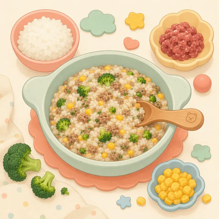 Nasi Tim Daging Sapi Brokoli Jagung (12–23 Bulan)